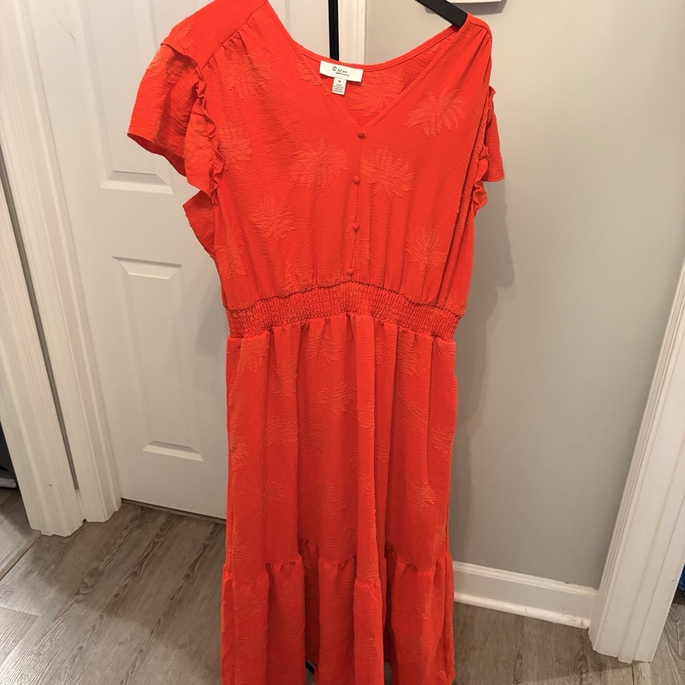C By One Red Orange Palm Leaf Maxi Dress 1X Smocked Waist Ruffle Vacation EUC